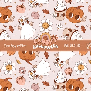 Groovy retro Halloween seamless pattern. Cute retro characters, Pumpkin spice latte and ghost digital paper