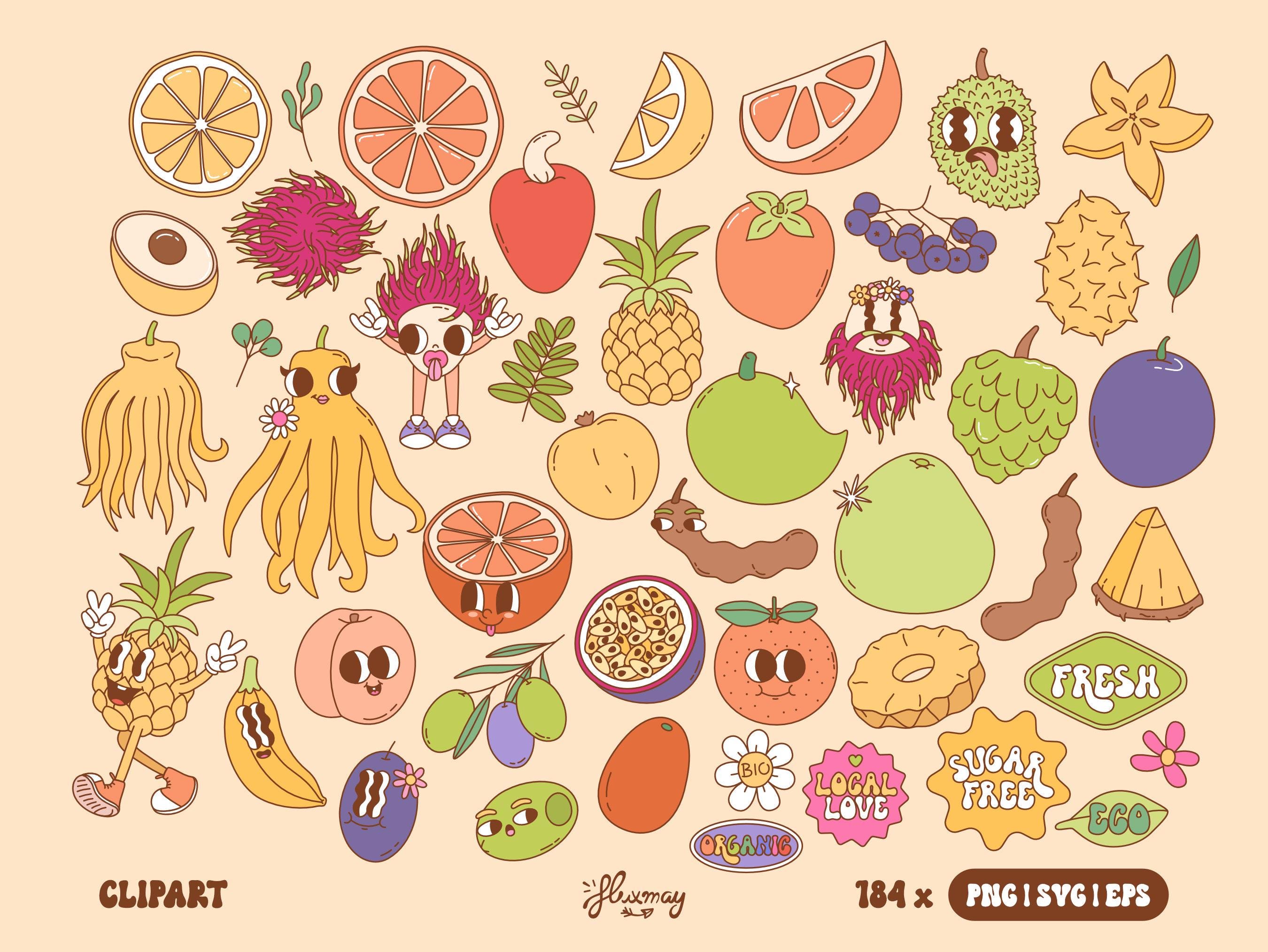 Retro Groovy Fruits Clipart Bundle: Funky Summer Vector (PNG, EPS