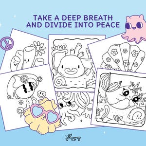 Puede incluir: Una colecci&oacute;n de p&aacute;ginas para colorear en blanco y negro con criaturas marinas y otros dise&ntilde;os caprichosos. El texto "TAKE A DEEP BREATH AND DIVIDE INTO PEACE" est&aacute; en la parte superior. Tambi&eacute;n se incluye un pulpo rosa y un s&iacute;mbolo de la paz.