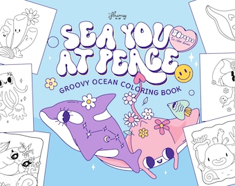 Ocean Coloring Book: Calming Sea Creatures, Retro Style (Digital PDF Printable File)