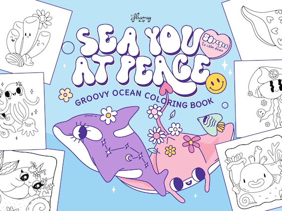 Ocean Coloring Book: Calming Sea Creatures, Retro Style (Digital PDF Printable File)