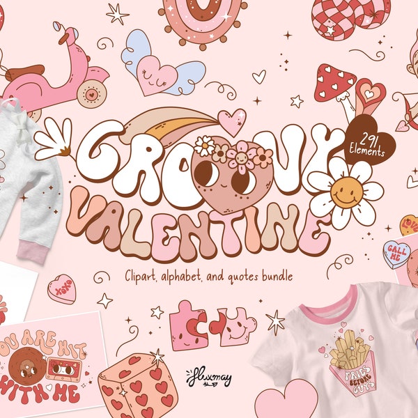 Retro Groovy Valentine huge sublimatiom bundle, cute clipart, and t-shirt lettering for Valentine's Day