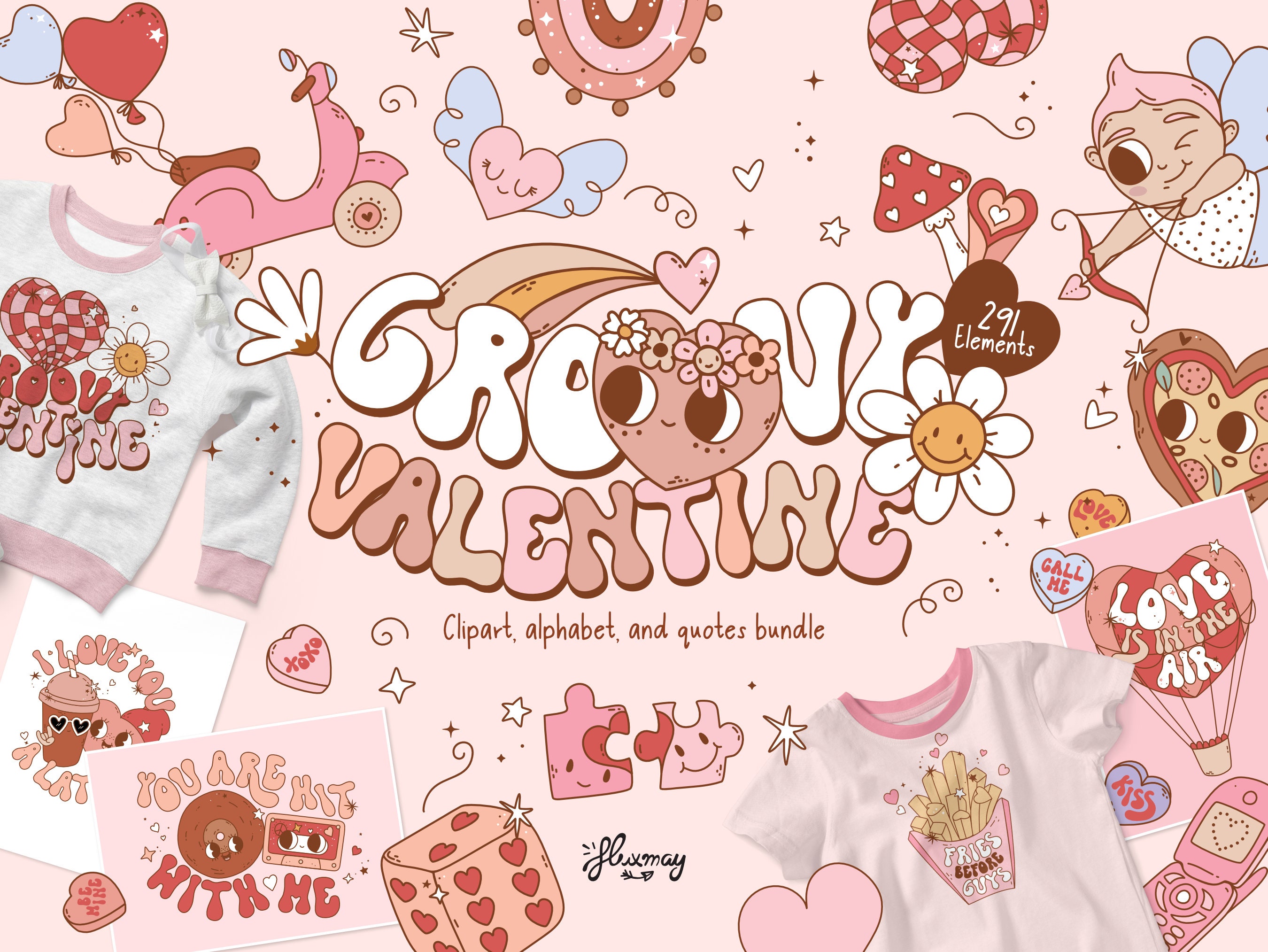 Retro Groovy Valentine huge sublimatiom bundle, cute clipart, and t-shirt lettering for Valentine's Day