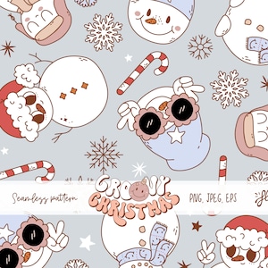 Leuke ijzige sneeuwpop kerststofontwerp, groovy retro digitaal kerstpapier met herhaald patroon