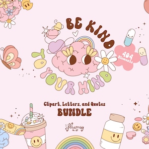 Mental Health retro clipart bundle, positive vibes vector set, Anxiety sublimation designs, Groovy Mental Health PNG, SVG, EPS