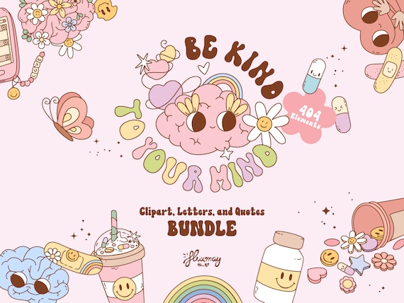 Retro Mental Health Clipart Bundle: Groovy Positive Designs (PNG, SVG, EPS)