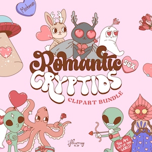 Cute Valentine&#39;s Day Cryptids clipart bundle, Romantic Groovy retro characters, Chibi Cryptids, vector illustrations set, UFO Valentine
