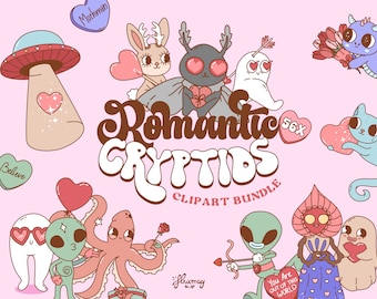 Cute Valentine&#39;s Day Cryptids clipart bundle, Romantic Groovy retro characters, Chibi Cryptids, vector illustrations set, UFO Valentine