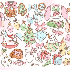 May include: A collection of whimsical Christmas-themed illustrations in pastel colors. Includes gingerbread men, Christmas trees, gift boxes, bows, ornaments, a rocking horse, and a sweater with cherries. The overall theme is festive and cute.