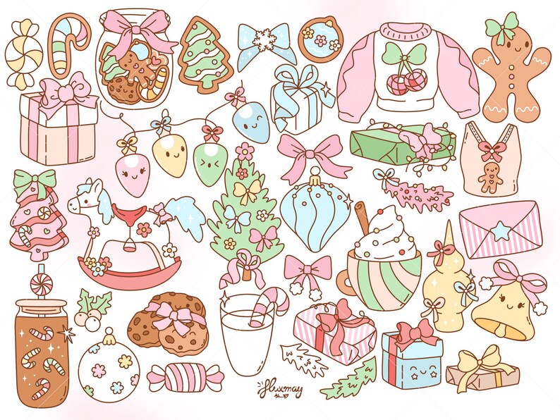 May include: A collection of whimsical Christmas-themed illustrations in pastel colors. Includes gingerbread men, Christmas trees, gift boxes, bows, ornaments, a rocking horse, and a sweater with cherries. The overall theme is festive and cute.