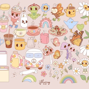 Op de afbeelding: Een verzameling kleurrijke cartoonillustraties met verschillende thema's, waaronder natuur, eten en drinken. De illustraties bevatten een kikker, vlinders, paddenstoelen, madeliefjes, regenbogen, koffiekopjes, theekopjes, een busje en een blikje frisdrank. De illustraties zijn getekend in een grillige stijl met felle kleuren en eenvoudige lijnen.
