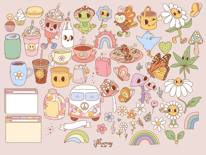 Op de afbeelding: Een verzameling kleurrijke cartoonillustraties met verschillende thema's, waaronder natuur, eten en drinken. De illustraties bevatten een kikker, vlinders, paddenstoelen, madeliefjes, regenbogen, koffiekopjes, theekopjes, een busje en een blikje frisdrank. De illustraties zijn getekend in een grillige stijl met felle kleuren en eenvoudige lijnen.