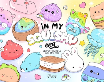 May include: A digital clipart bundle featuring various colorful, smiling characters including a cat, a jellyfish, a s'more, a taco, and dumplings. The central text reads "IN MY SQUISHY ERA" with "CLIPART BUNDLE SVG, EPS, PNG" below it on a pastel rainbow background.