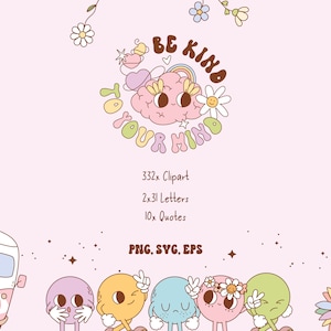 Op de afbeelding: Een set digitale clipart met een roze brein met een regenboog en de tekst "Be Kind to Your Mind". De clipart bevat ook een witte bus met een vredesteken, bloemen en vijf kleurrijke cartoonfiguren.