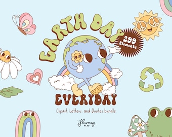 May include: A colorful illustration of Earth Day with a cartoon Earth holding a flower, a rainbow, clouds, a sun with peace sign sunglasses, a butterfly, a daisy, a heart, a recycling symbol, a mushroom, and a frog. The text "Earth Day Everyday" is in a retro font. The text "299 Elements" is in a circle. The text "Clipart, Letters, and Quotes bundle" is below the illustration. The text "Jluxmay" is at the bottom of the image.