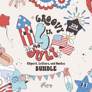 Retro 4. Juli Sublimation Clipart Bundle, Groovy Fourth of Jul Vektor, Hippie SVG, Vintage patriotische amerikanische Charaktere, Retro USA