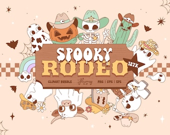 Paquete de imágenes prediseñadas de rodeo espeluznante y genial: Western retro de Halloween. Vaqueros adorables, vaqueras, sheriffs esqueléticos, demonios y animales del desierto (PNG, SVG, EPS)