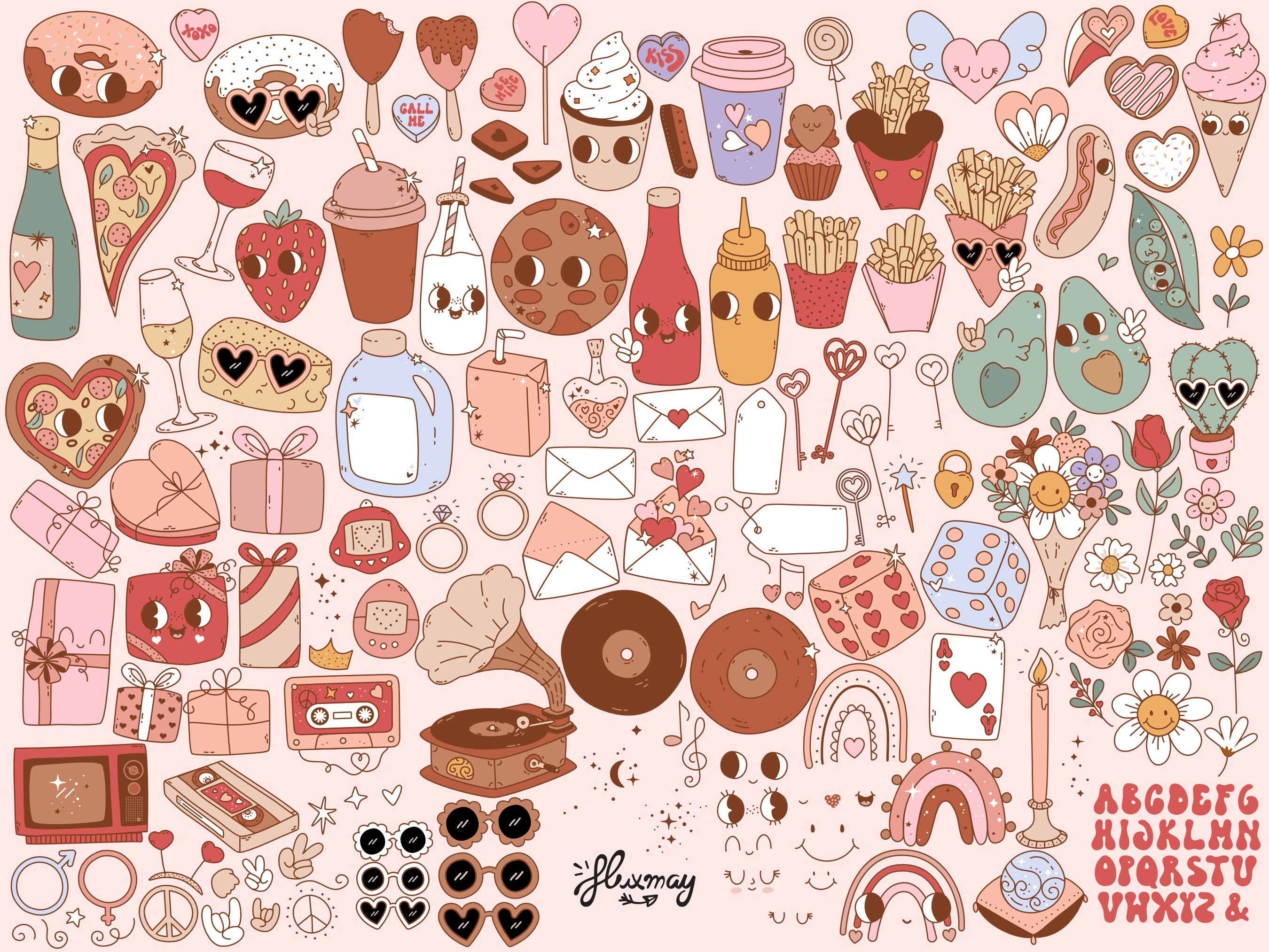 Retro Groovy Valentine Clipart Bundle. Valentine's Day Cute Kawaii PNG ...