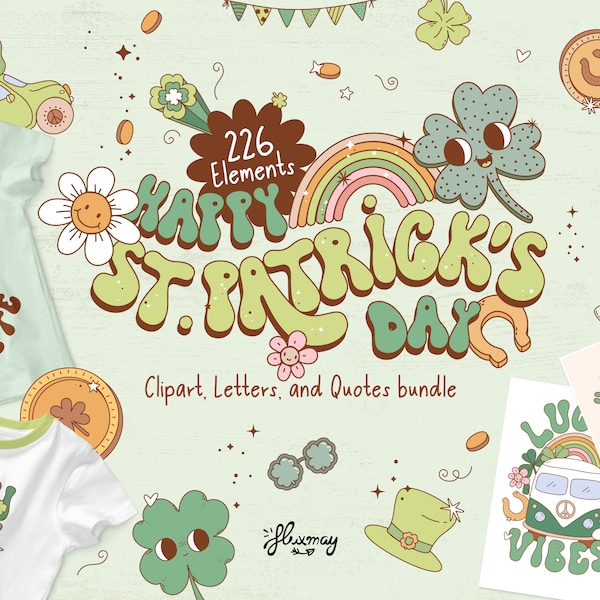 Groovy Retro St. Patrick's day huge sublimation bundle, cute clipart pack, and t-shirt design lettering