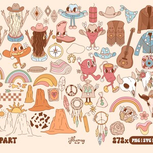 May include: A set of 272 colorful, hand-drawn illustrations in a retro style. The illustrations include a variety of western and hippie themes, such as rainbows, mountains, cowboy hats, skulls, peace signs, and more.