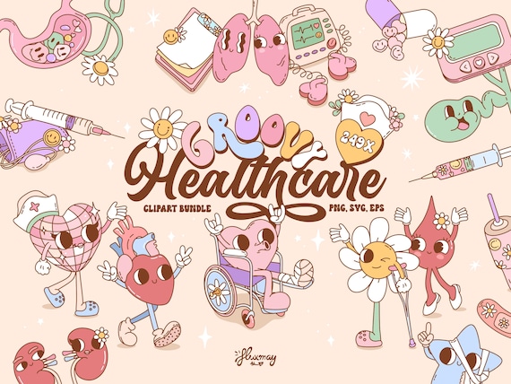 Groovy Retro Nurse Clipart Bundle, Healthcare PNG, SVG, Retro Mental Health, Groovy medical illustration, Health Care T-shirt design