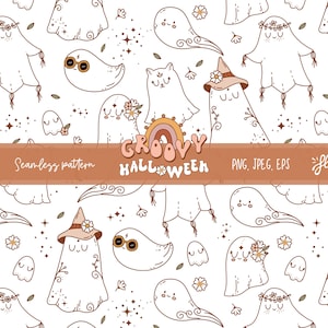 Groovy Halloween pattern with ghouls, wizard ghosts seamless digital paper for sublimation