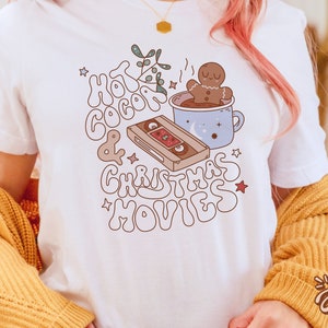 Hot cocoa & Christmas movies PNG, groovy retro SVG t shirt sublimation - cute gingerbread man in mug