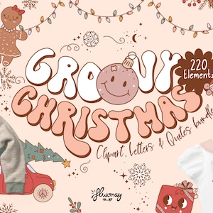 Retro kerstclipartbundel: hippe ontwerpen uit de jaren 70-80 (PNG, EPS, SVG) | Leuke vakantie-illustraties | Vintage stickers, sublimatie en handwerk
