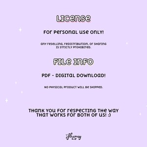 May include: A lilac digital download information sheet with the text "License" and "File Info". The text states the product is for personal use only and will not be shipped. The image includes a signature.