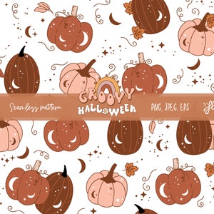 Groovy Halloween pattern with pumpkins. Magical seamless digital paper for sublimation