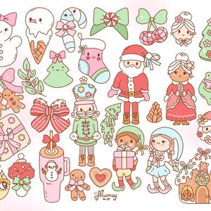 May include: A collection of cute, colorful Christmas-themed illustrations. Includes a snowman, ice cream cone, candy cane, bows, gingerbread people, Santa Claus, elves, and a gingerbread house. The illustrations are in a kawaii style.