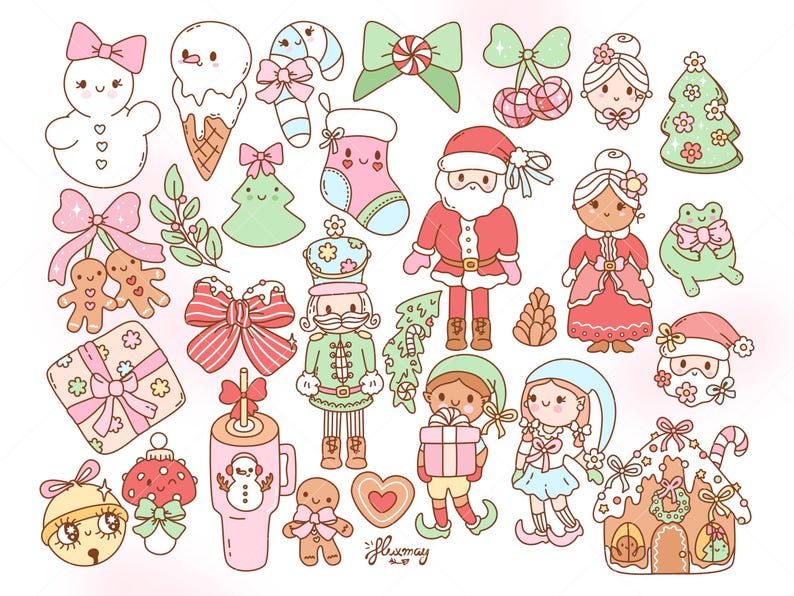 May include: A collection of cute, colorful Christmas-themed illustrations. Includes a snowman, ice cream cone, candy cane, bows, gingerbread people, Santa Claus, elves, and a gingerbread house. The illustrations are in a kawaii style.