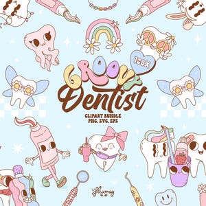 Groovy Retro Dental Clipart Bundle, Dentist PNG, SVG, Retro Dentist, Groovy medical illustration, Dental Assistant T-shirt design
