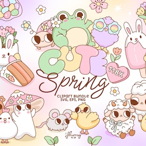 Op de afbeelding: Een verzameling schattige clipart-illustraties met lentethema. De afbeelding bevat verschillende schattige personages, waaronder een kikker, konijn, uil, schaap en kuiken. De tekst "CUTE SPRING" staat prominent afgebeeld, samen met andere elementen zoals bloemen en eieren.