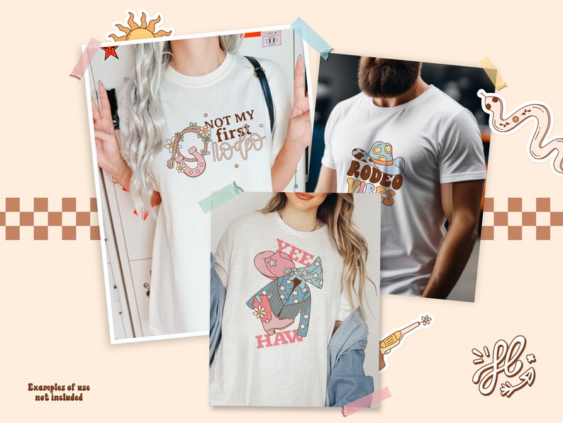 May include: Three different t-shirt designs with a western theme. The first design features a horseshoe with flowers and the text "Not my first rodeo". The second design features a cowboy hat with the text "Rodeo Vibes". The third design features a cartoon cowgirl with the text "Yee Haw".