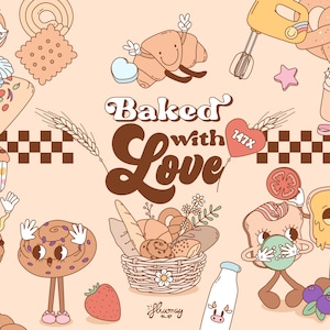 Lot de cliparts mignon boulangerie groovy, boulangerie rétro PNG, SVG, EPS, pain, pâtisseries sucrées, salées, gâteau, cupcake, Illustrations vintage