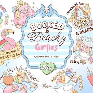 May include: A set of cartoon illustrations with a beach and reading theme. Features a flamingo, books, a purse, a beach bag, and a duck reading. Text includes "Booked & Beachy Girlies" and "Summer Reading Era". The style is bright and colourful.