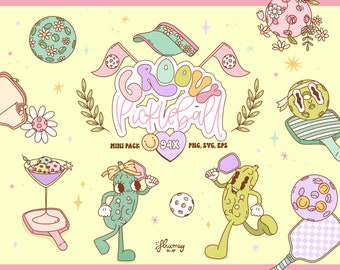 Groovy Cute Pickleball Clipart Bundle: Retro Sport Vector Illustrations with funny mascots (SVG, PNG, EPS)
