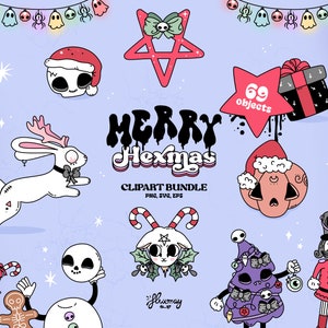 May include: A set of 69 digital clipart illustrations featuring a spooky, gothic, and festive Christmas theme. The illustrations include a white rabbit with antlers, a pumpkin with a skull face, a gingerbread man, a skull wearing a Santa hat, a Christmas tree with skulls and bows, a nutcracker, and a snowflake.