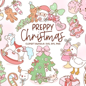 May include: A collection of cute, preppy Christmas-themed clipart. The illustrations include a Christmas tree, gingerbread man, rocking horse, and a duck wearing a hat. The text "PREPPY Christmas" is displayed in a handwritten font.
