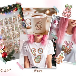May include: A collage of Christmas-themed illustrations. Includes a white mug with a cartoon face, a white t-shirt with gingerbread cookie designs, and a Christmas advent calendar with small bags. Decorative elements include a Christmas tree and lights.