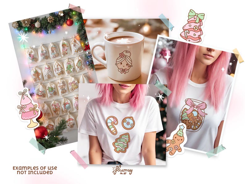 May include: A collage of Christmas-themed illustrations. Includes a white mug with a cartoon face, a white t-shirt with gingerbread cookie designs, and a Christmas advent calendar with small bags. Decorative elements include a Christmas tree and lights.