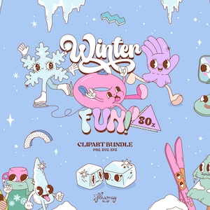 Retro Winter sports clipart bundle, Groovy retro characters, vector frozen illustration set, cute snow winter, PNG, EPS, SVG, 90s vintage