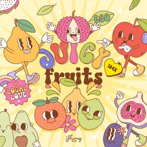 Retro Groovy Fruits Sublimationsclipart-Bundle, saftiger Fruchtspaß vektor, niedliches Sommerhippiedesign, funky Retro-Food-Charaktere PNG, EPS, SVG