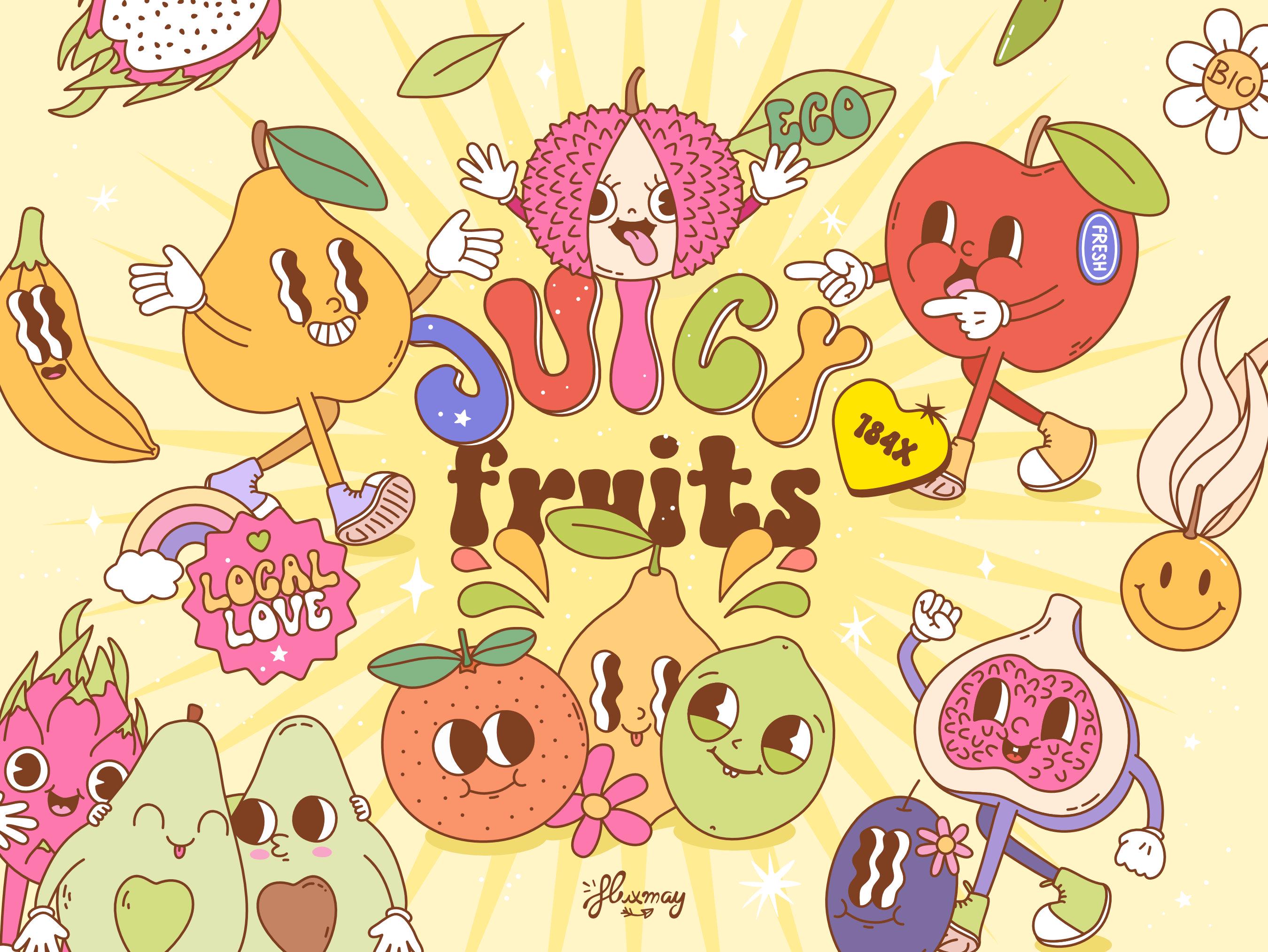 Retro Groovy Fruits Clipart Bundle: Funky Summer Vector (PNG, EPS