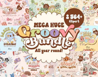 Groovy retro huge clipart bundle, all year-round set, cute sublimation for print, t-shirt design, and lettering