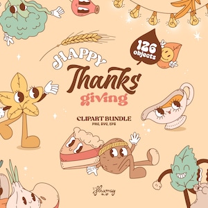 Groovy Retro Thanksgiving Day clipart bundle, Groovy retro Fall characters builder, vector Autumn season illustrations for sublimation