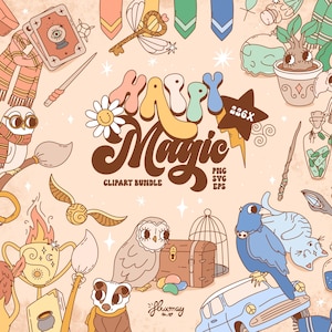 Retro Wizard School Magical Clipart Bundle, Groovy Witches and Wizards Images, Magic House illustrations sublimation, Magic-themed birthday