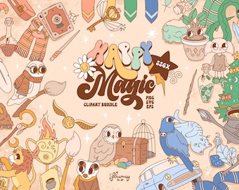Retro Wizard School Clipart Bundle: Magic House Illustrations, Cute Witches and Wizards Images (PNG, EPS, SVG) (Commercial Use)