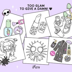May include: A selection of illustrated stickers on a pastel purple background. The stickers depict gothic-themed items such as lipstick, nail polish, a grim reaper, and a gas mask. Text reads "TOO GLAM TO GIVE A DAMN!"
